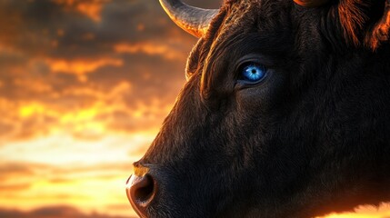 Poster - A close-up of a cow's head with a striking blue eye against a dramatic sunset background.