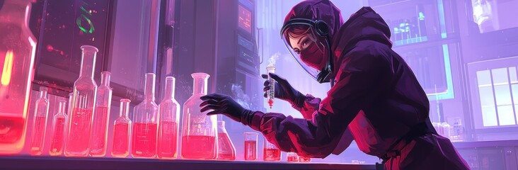 Poster - A scientist in a lab wearing protective gear, mixing colorful liquids in glassware.