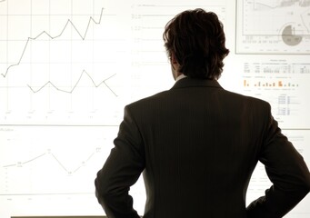 Poster - A person in a suit analyzes data on large screens displaying various graphs and charts.