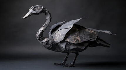 Poster - A black origami swan sculpture showcasing intricate paper folding artistry.