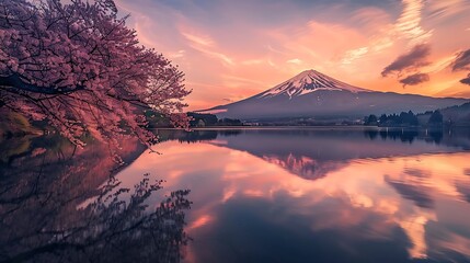 Poster - A serene landscape featuring Mount Fuji at sunset, surrounded by cherry blossoms reflecting in a tranquil lake.