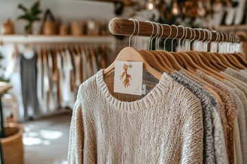 Poster - A display of stylish sweaters hanging in a boutique, showcasing a cozy, inviting atmosphere.