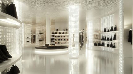 Poster - A modern retail space showcasing shoes and bags in a sleek, minimalist design.
