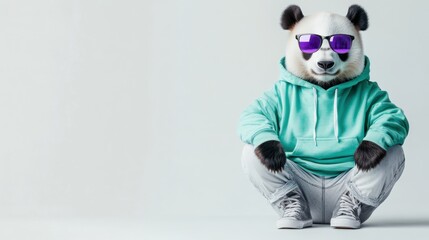 Poster - A panda wearing sunglasses and a hoodie, sitting casually in a modern setting.