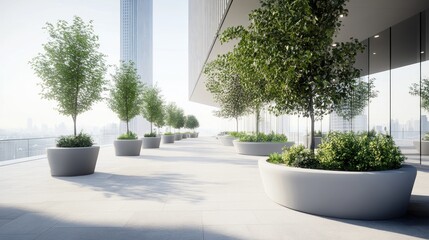 Poster - Modern terrace with planters and trees, showcasing a serene urban environment.