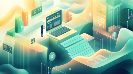 Aufkleber - A digital landscape showcasing data analysis and technology interaction.