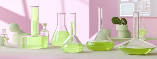 Aufkleber - A laboratory setting with various glassware containing green liquids.