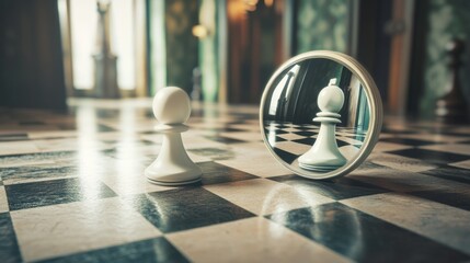Poster - Chess Pawn Reflecting in Mirror on Checkered Floor Interior