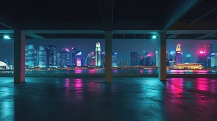 Poster - Night cityscape view from a modern parking structure with vibrant lights reflecting on the floor.