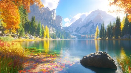 Poster - A serene landscape featuring mountains, a lake, and vibrant autumn foliage.