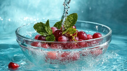 Poster - Fresh grapes being washed in a bowl with mint leaves, showcasing refreshing food aesthetics.
