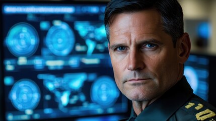 Poster - A serious individual in military attire stands before high-tech monitors displaying data.