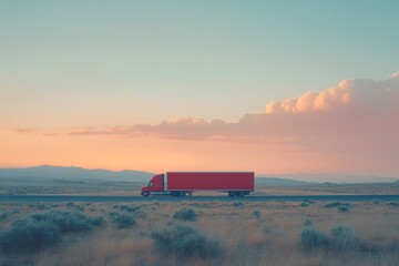 Aufkleber - A red truck travels along a deserted road at sunset, showcasing vast landscapes.