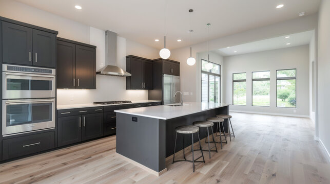 modern kitchen interior with fireplace
