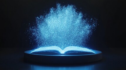 Poster - A glowing, open book emits a burst of blue particles, symbolizing creativity and knowledge.
