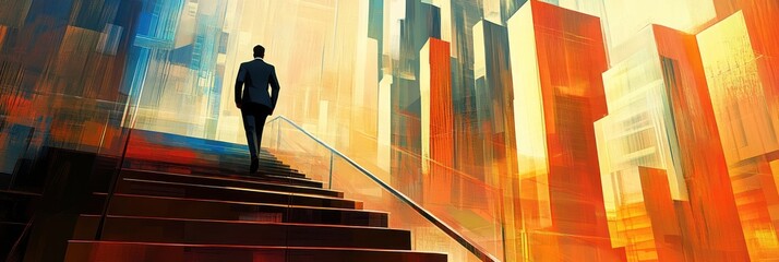 Poster - A silhouette of a person ascending stairs in a vibrant, abstract cityscape.