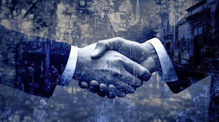 Aufkleber - A handshake symbolizing partnership and collaboration, layered with a cityscape background.