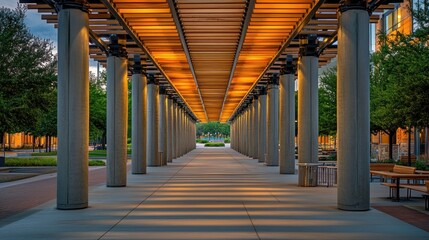 Poster - A well-lit corridor with columns and trees, creating a serene urban atmosphere.