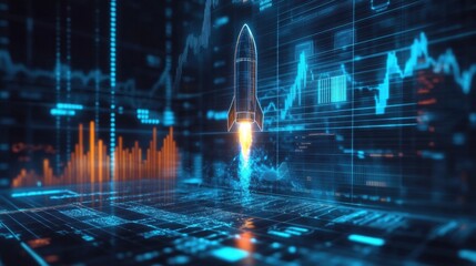 Poster - Futuristic Rocket Launch Among Digital Graphs and Data Visualizations