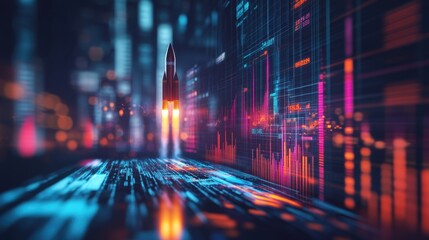 Poster - Futuristic Rocket Launch in City with Data Visualization Background