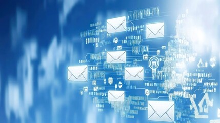 Poster - Digital communication concept with email icons and data graphics.