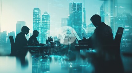 Poster - A business meeting with silhouettes against a city skyline and digital graphics.