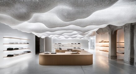 Poster - Modern retail space with a sculptural ceiling and minimalist design for showcasing products.