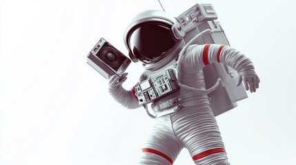Aufkleber - An astronaut holding a vintage cassette player in a futuristic setting.