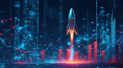 Poster - Colorful Digital Rocket Launching in Futuristic Data Environment