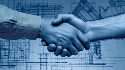 Aufkleber - A handshake symbolizing partnership and collaboration over a blueprint background.