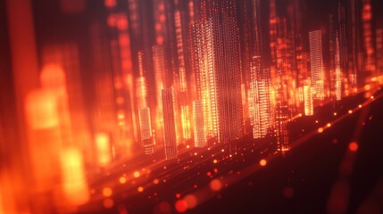 Fototapete - Abstract digital landscape with glowing lines and particles in warm colors.