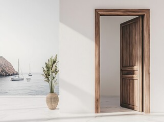 Poster - A serene doorway opens to a coastal view, featuring a plant and a calming atmosphere.
