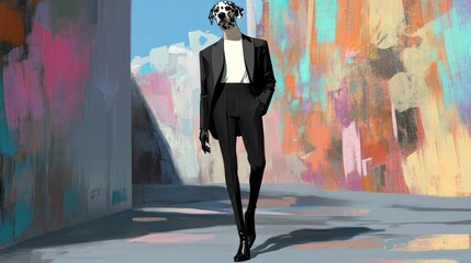 Leinwandbilder - A stylish figure with a dog-like head walks through a colorful urban landscape.