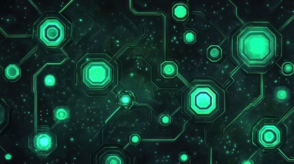 Poster - Abstract digital background with glowing green hexagons and circuit patterns.