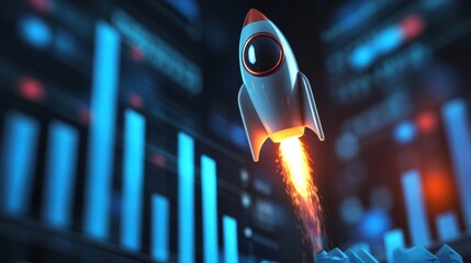 Poster - Rocket Launching Into Space with Data Visualization Background