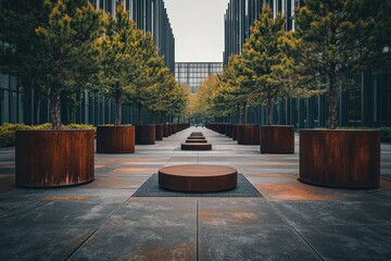 Poster - A modern urban landscape featuring symmetrical planters and trees in a sleek environment.