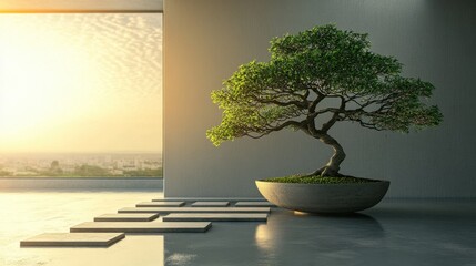 Poster - Serene Bonsai Tree in Contemporary Interior with Natural Light