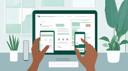 Poster - Illustration of hands using a smartphone and tablet, showcasing digital interaction.
