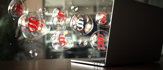 Wall Mural - 3D illustration. Floating iridescent bubbles with legal symbols near a laptop in a contemporary workspace.
