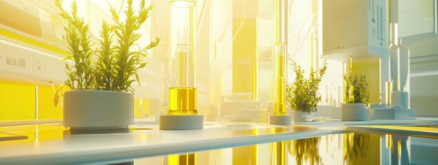 Aufkleber - A bright laboratory setting with plants and yellow liquid in glass containers.