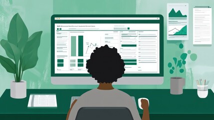 Poster - A person analyzing data on a computer with charts and graphs in a modern workspace.