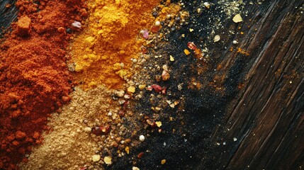 Poster - A close-up shot of an array of colorful spices on a wooden table, including red chili powder, turmeric, and coriander, creating an explosion of colors and textures
