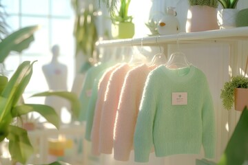 Poster - Soft sweaters in pastel colors displayed in a bright, plant-filled setting.