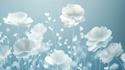Poster - A delicate double exposure of white paper-cut flowers blooming in winter, set against a soft blue background, showcasing seasonal beauty and creative flair