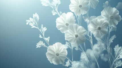 Poster - A delicate double exposure of white paper-cut flowers blooming in winter, set against a soft blue background, showcasing seasonal beauty and creative flair