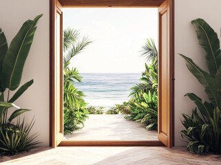 Poster - A serene view of the ocean through an open door, framed by lush greenery.