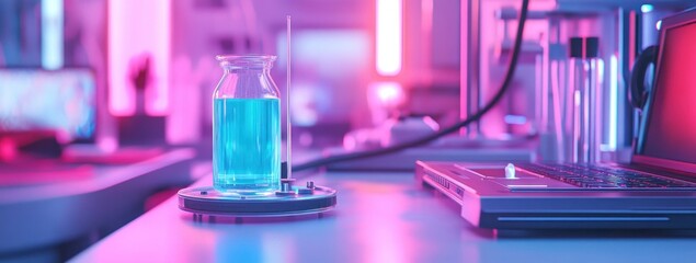 Poster - A laboratory scene featuring a glowing vial of blue liquid and a laptop on a workbench.