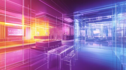 Aufkleber - A futuristic, neon-lit interior showcasing a modern, open space design.