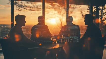 Aufkleber - Silhouetted figures in a meeting, overlooking a sunset through large windows.