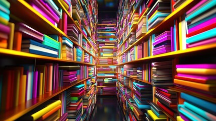 Poster - A vibrant library filled with colorful books on shelves, creating a whimsical reading space.
